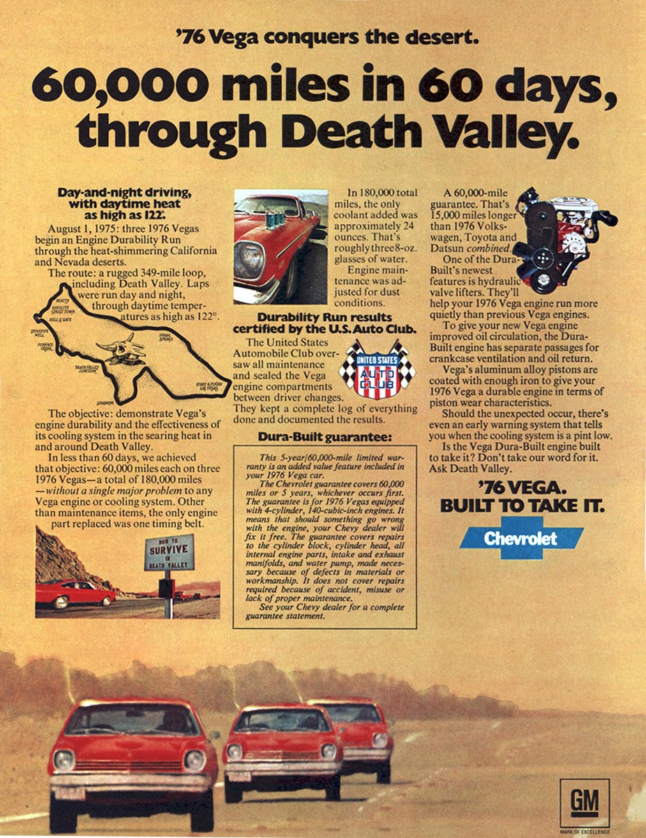 1976 Chevrolet Vega: 60 Days Through Death Valley Vintage Print Ad