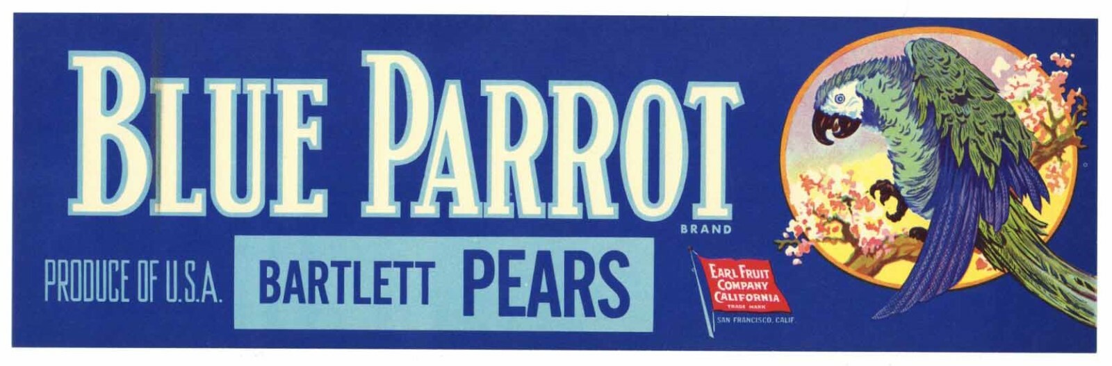 BLUE PARROT Brand, Vintage, Earl Fruit Co. **AN ORIGINAL PEAR CRATE LABEL**, lug
