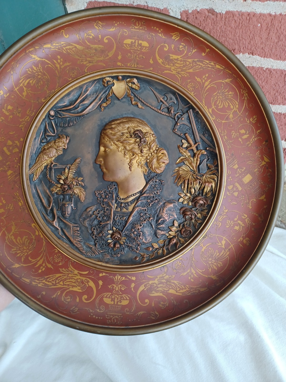 ANTIQUE VICTORIAN 19th C LADY PARROT FLORAL RELIEF PORTRAIT SIGNED BRONZE PLAQUE
