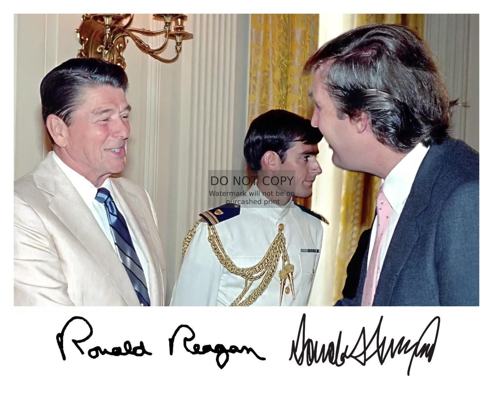 PRESIDENT DONALD TRUMP & RONALD REAGAN SHAKING HANDS AUTOGRAPHED 8X10 PHOTO