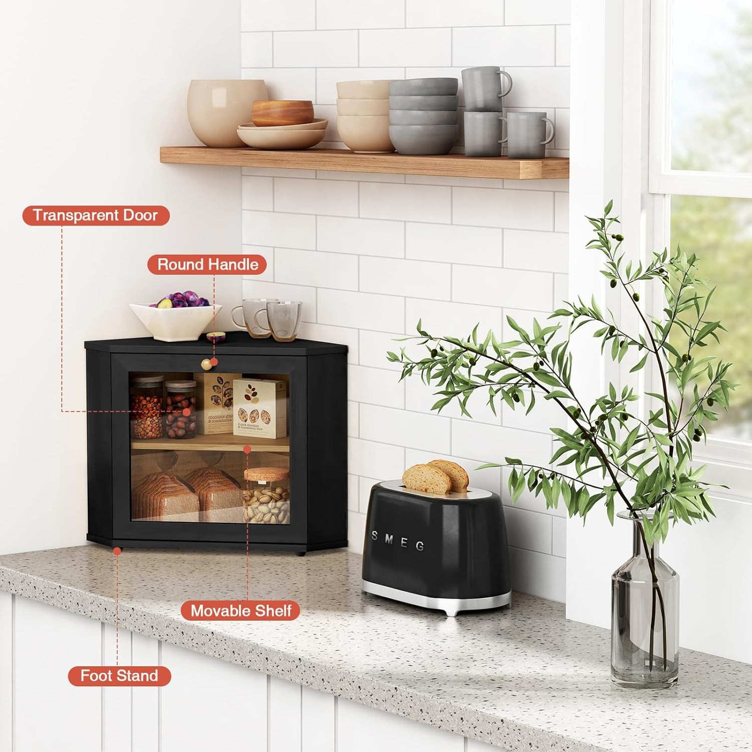 Kitchen countertop corner bread box, pantry shelf