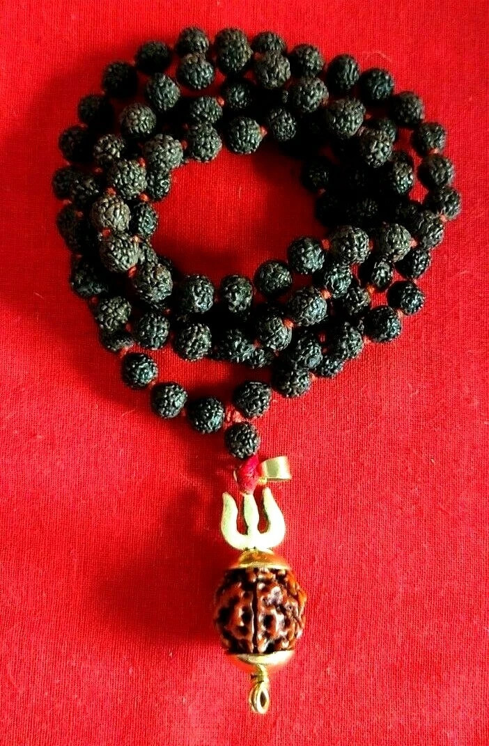 Natural Black Rudraksha Mala with Trishul Pendent To Defeat Negative Energy