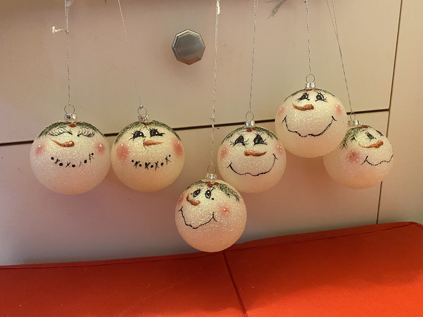 6 vintage hand painted Snowman faces frosted Glittered Christmas Ball Ornaments