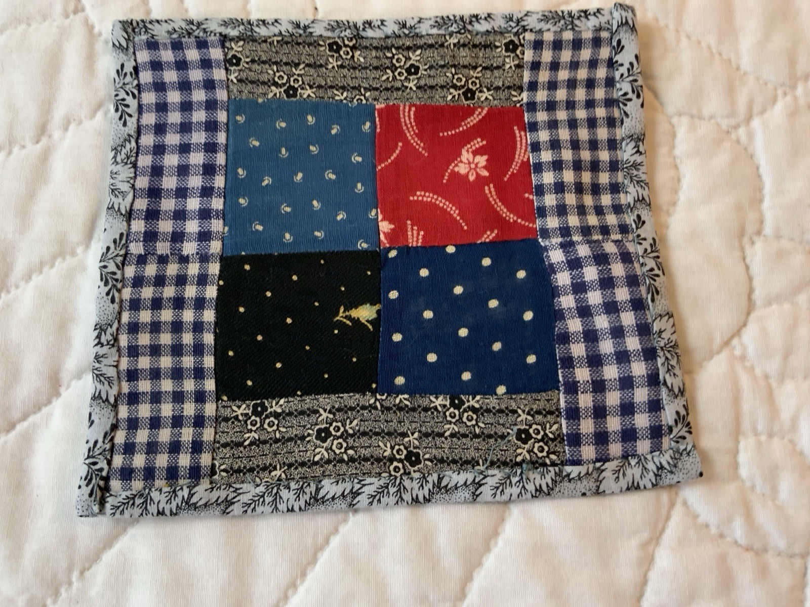 Antique Patchwork Quilt Table Topper Or Doll Quilt, Four Patch, Early Calicos