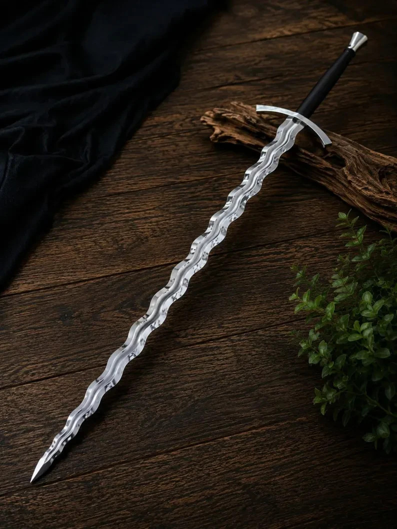 Handmade Flamberge Sword High Carbon Steel Wavy Blade Rosewood Handle