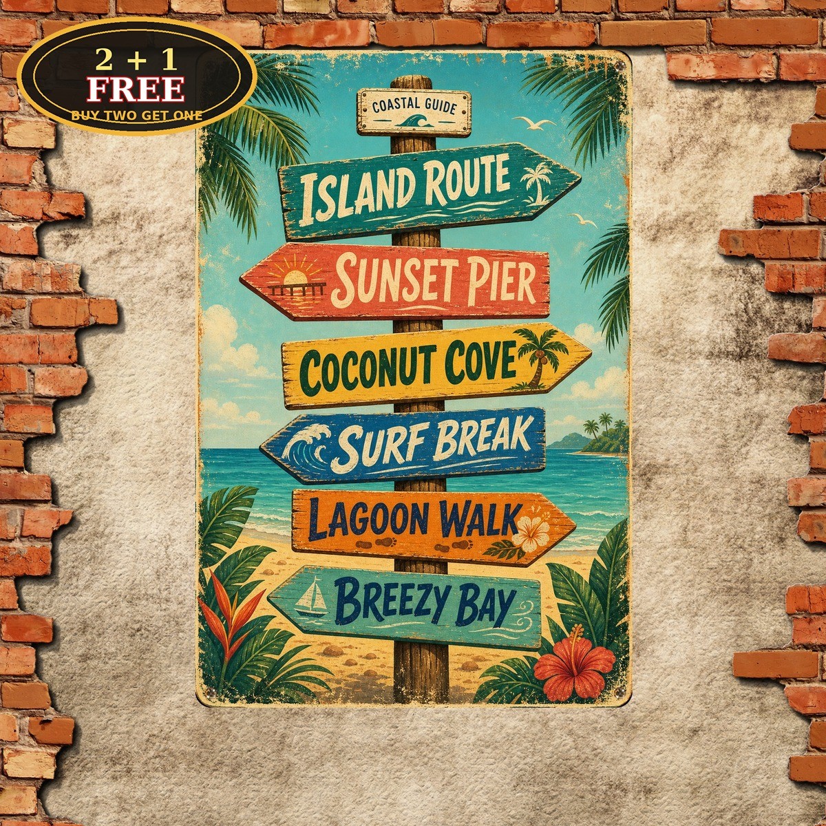 Central Signpost Colorful Tropical Beach Direction Sign Poster Metal Tin Sign