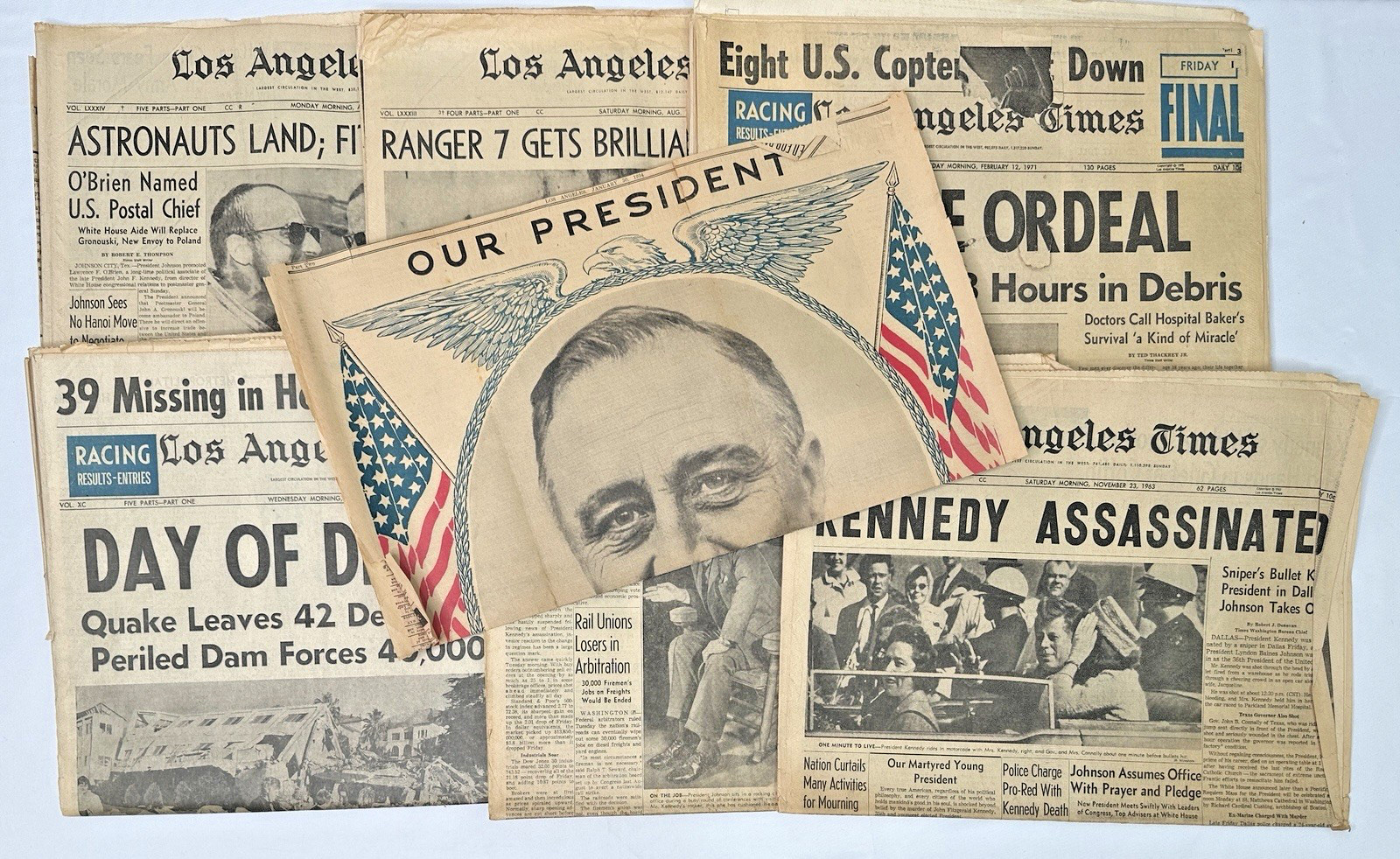 Los Angeles Times 1960’s – 70’s Lot of 6 Different Newspapers + 1934 Roosevelt