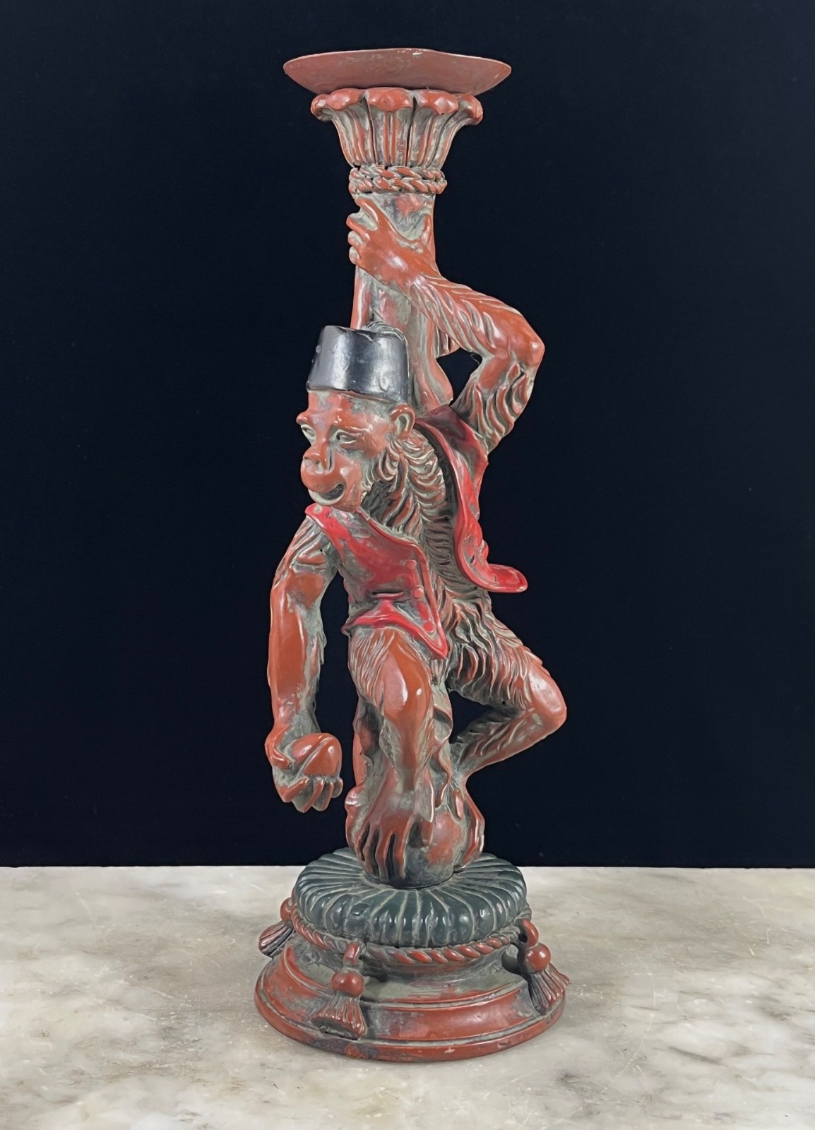 Vintage Hard Resin Monkey Pillar Candle Holder 10.5 in Fez hat statue home decor