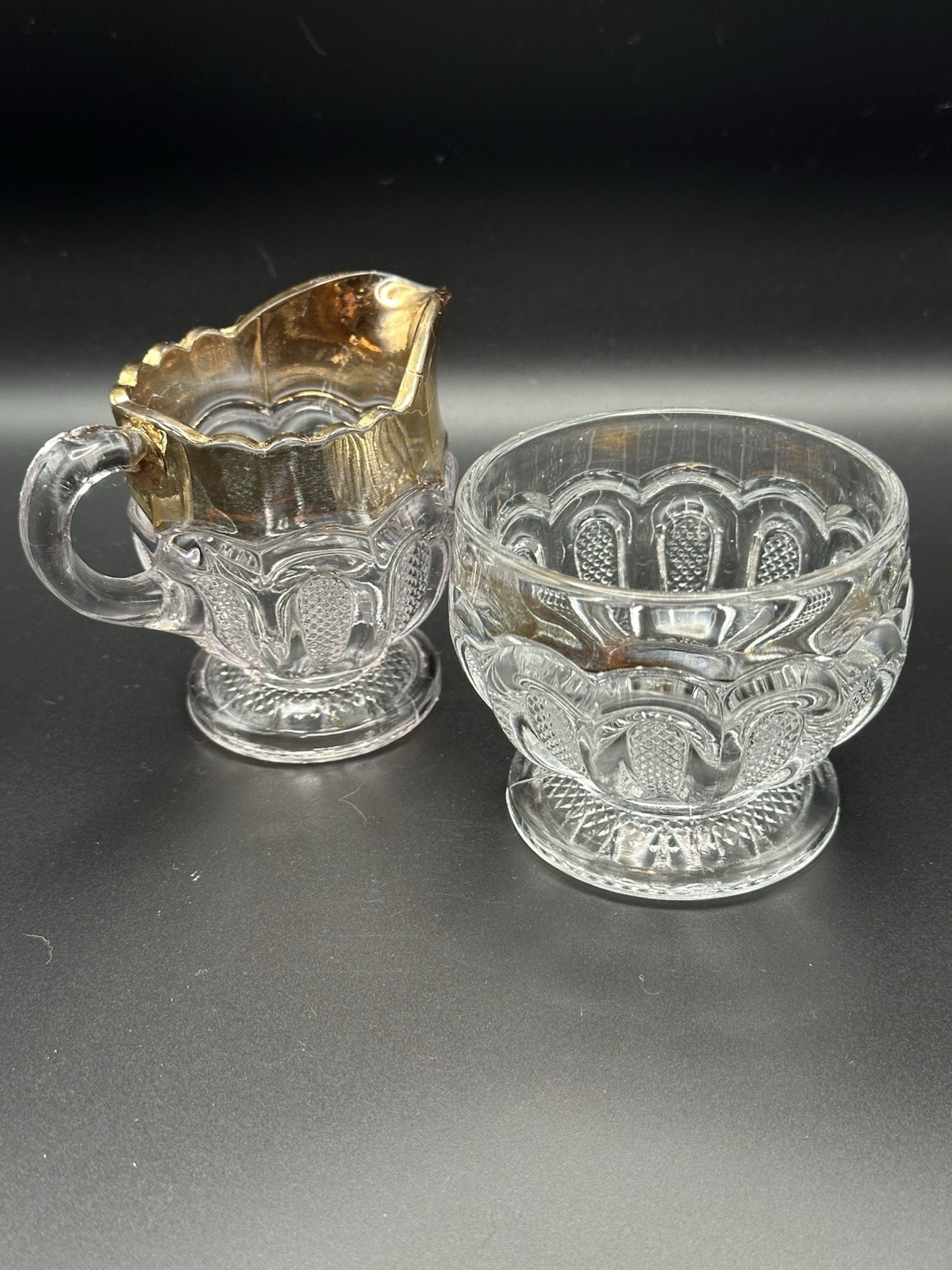 Antique Creamer Sugar Early American Pattern Glass EAPG Texas Gold Gilt Trim