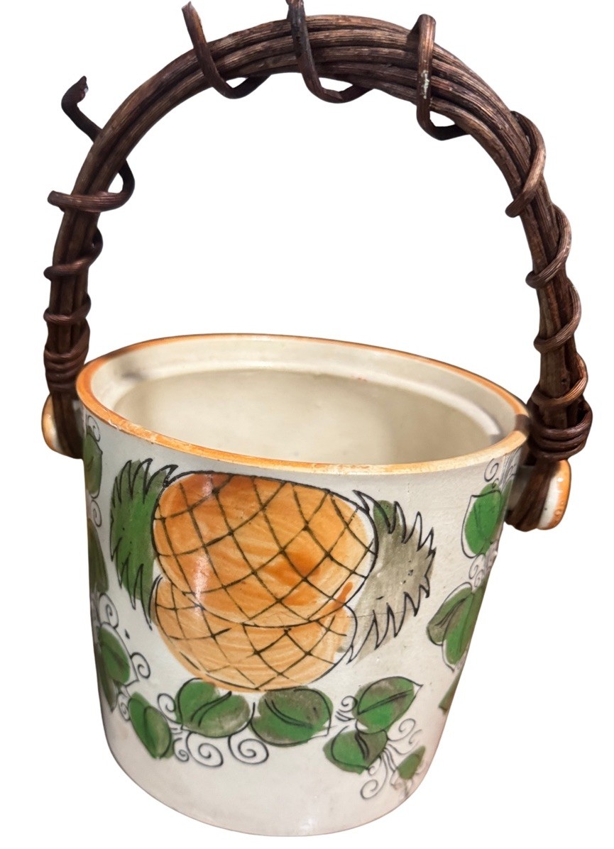 Vtg Ceramic Pot Woven Wooden Handle 1930s Bucket Pineapple Could B Indoor Plant