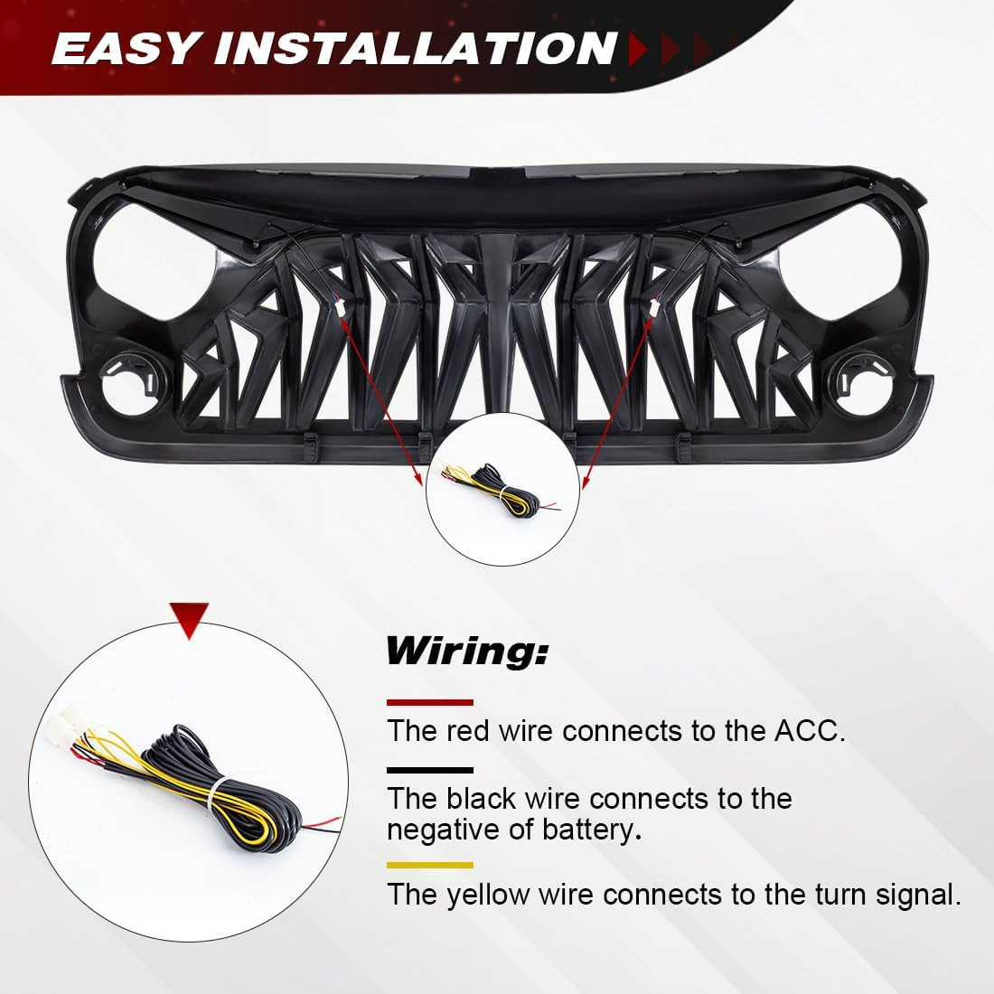 Front Grill Compatible with 2007-2018 Jeep Wrangler JK JKU, Shark Grille W/Drl T