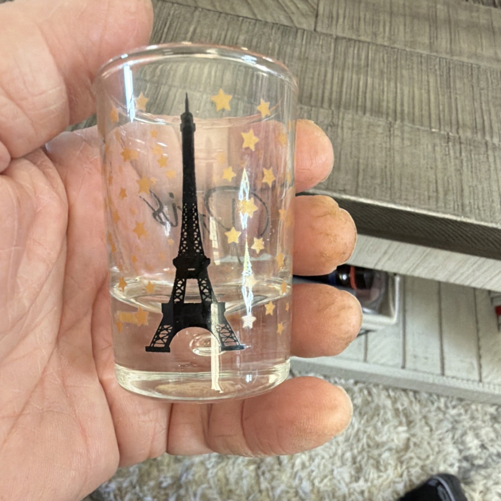 Paris Eiffel Tower Shot Glass 1.5 fl oz Clear Glass Gold Stars Printed