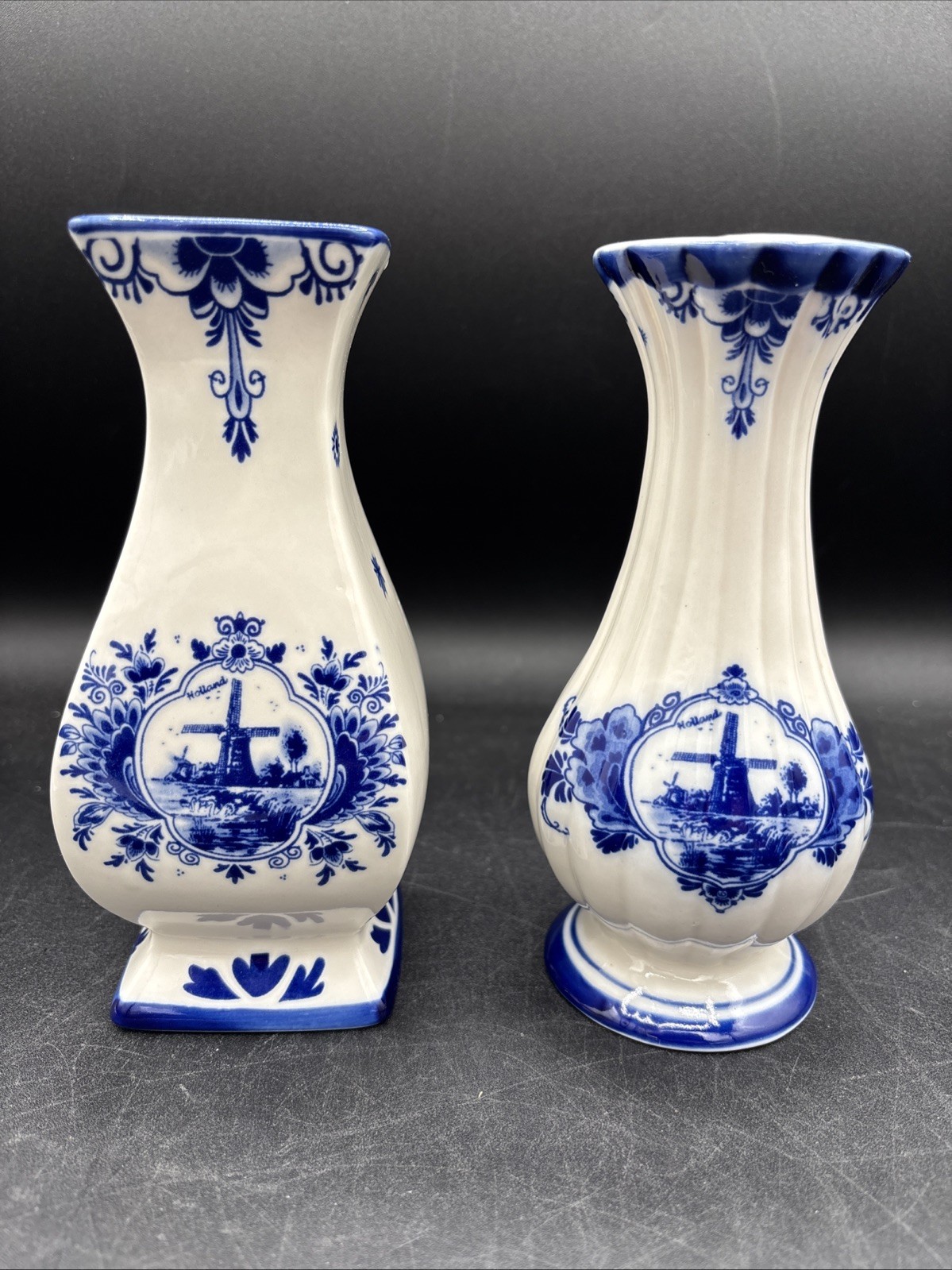 Delft Floral Windmill Blue White Pottery Vases Holland Vintage