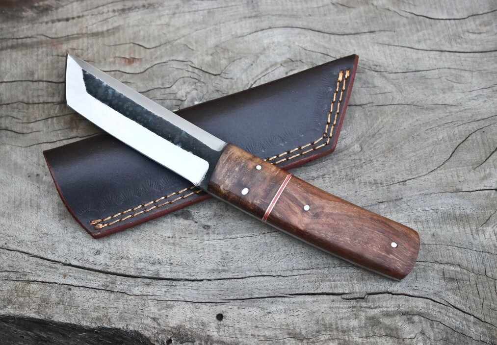 Handmade Carbon Steel Fixed Tanto Blade Knife Wood Handle With Leather Sheath