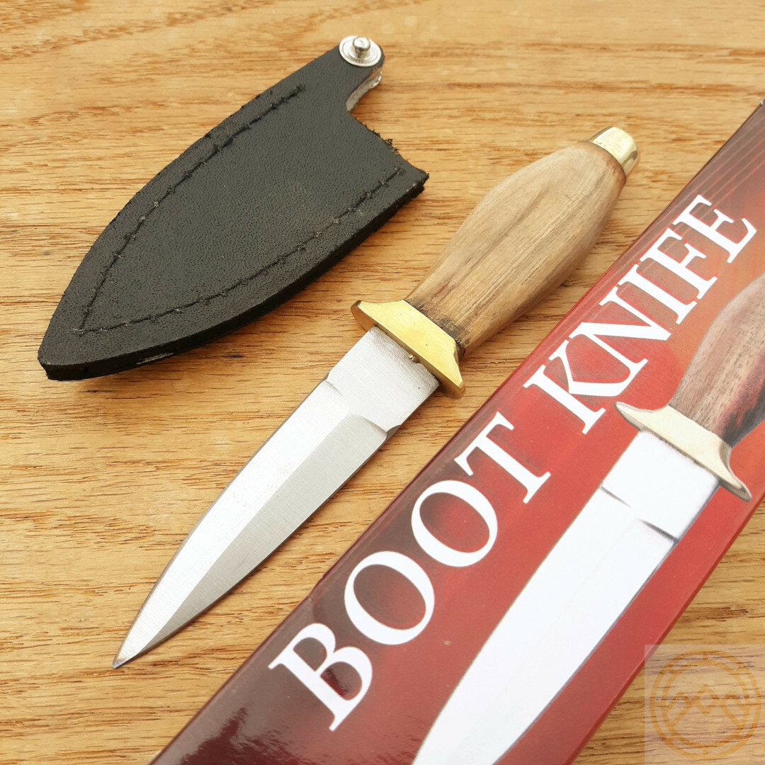 Fixed Knife 3.12″ Stainless Steel Blade Wood/Brass Handle w/Boot Clip Sheath