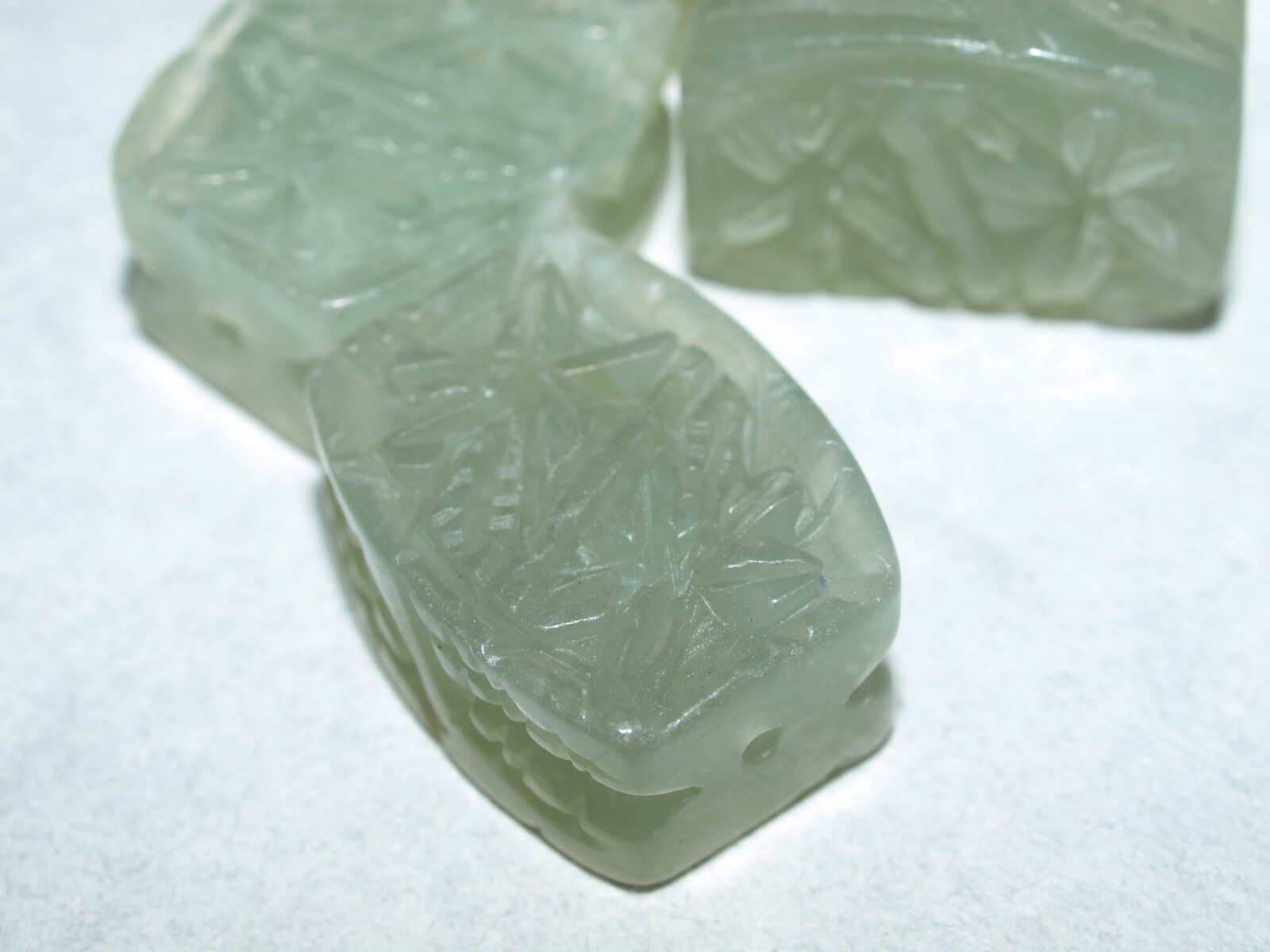 Vintage Carved Chinese Bead Green Serpentine Jade Flowers 20mm Rectangular