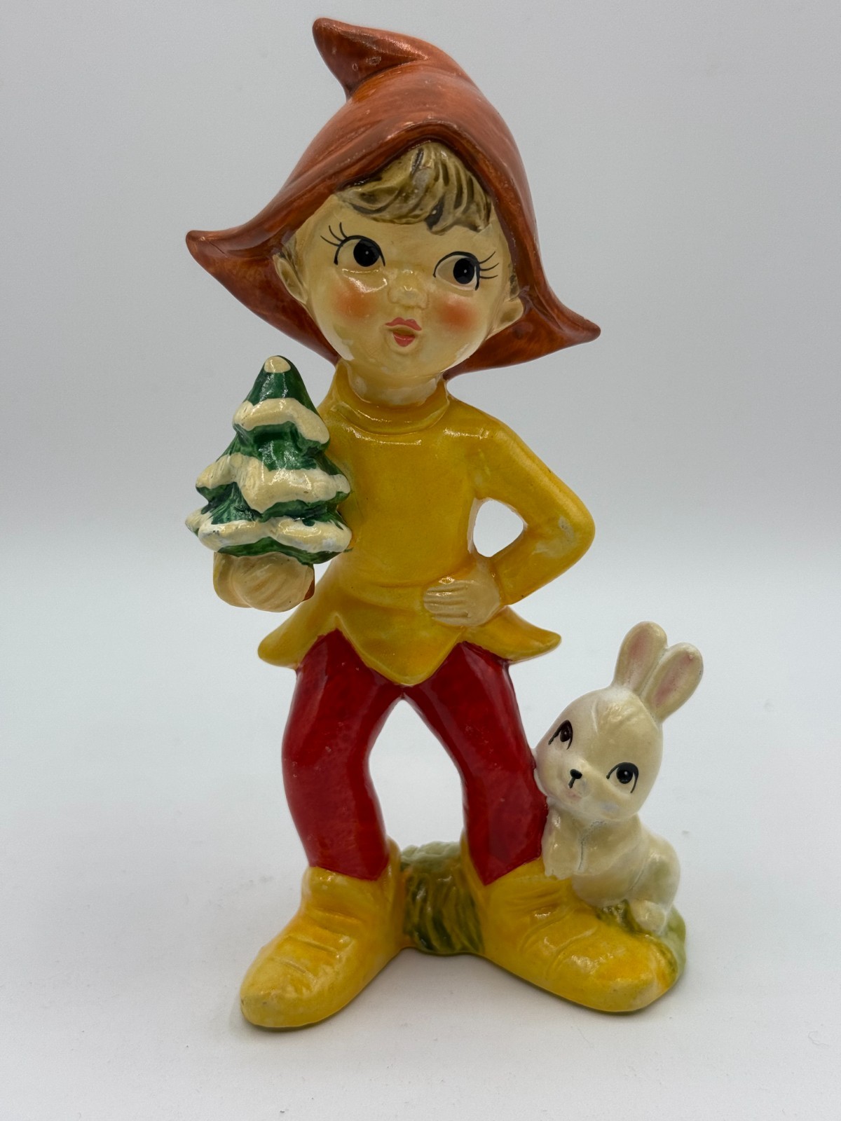 Vtg Homco 5215 Woodland Elf Pixie Figure Christmas Tree Bunny Yellow Red 6″