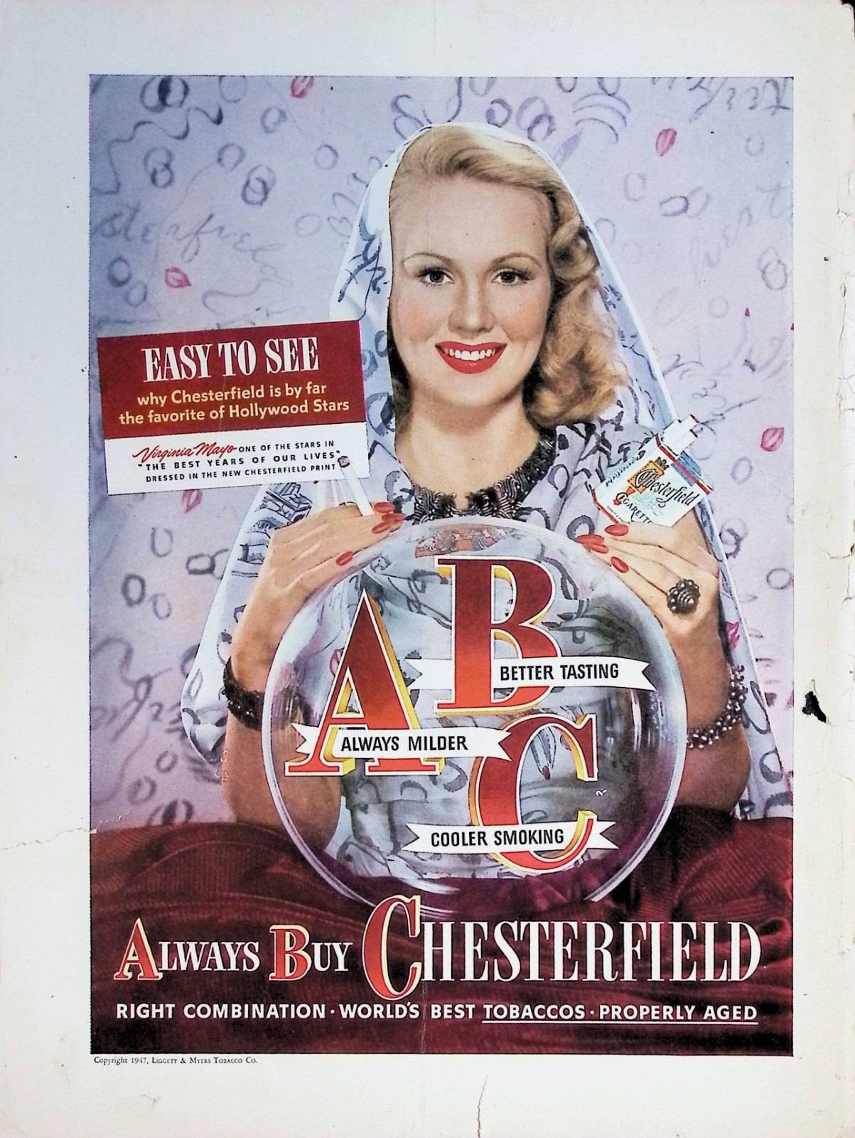 Original 1947 Chesterfield Ad: Virginia Mayo Hollywood Star Crystal Ball Art