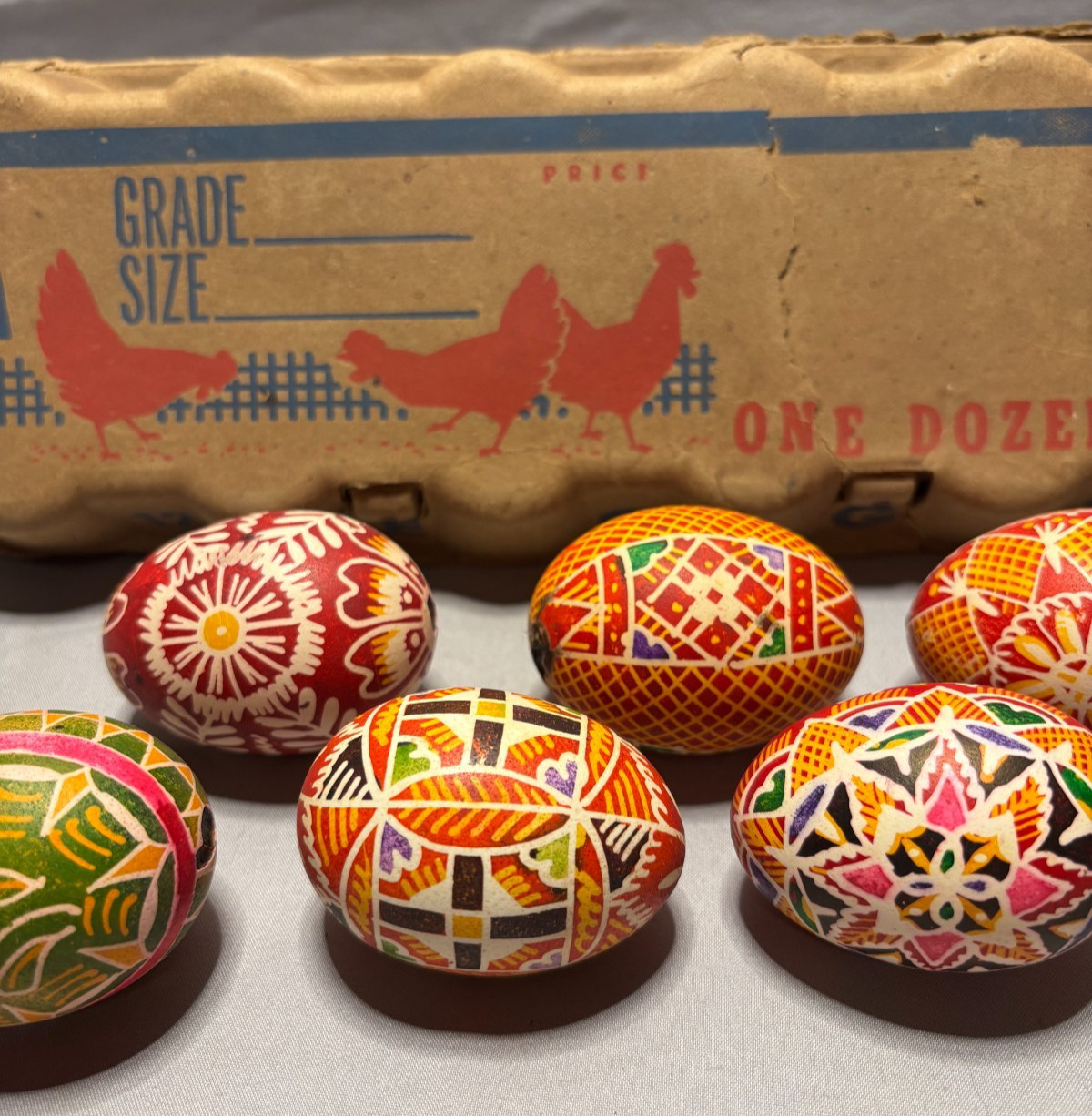 6 Unique Hand Painted Multicolor Eggs and a 1960`s Egg Carton