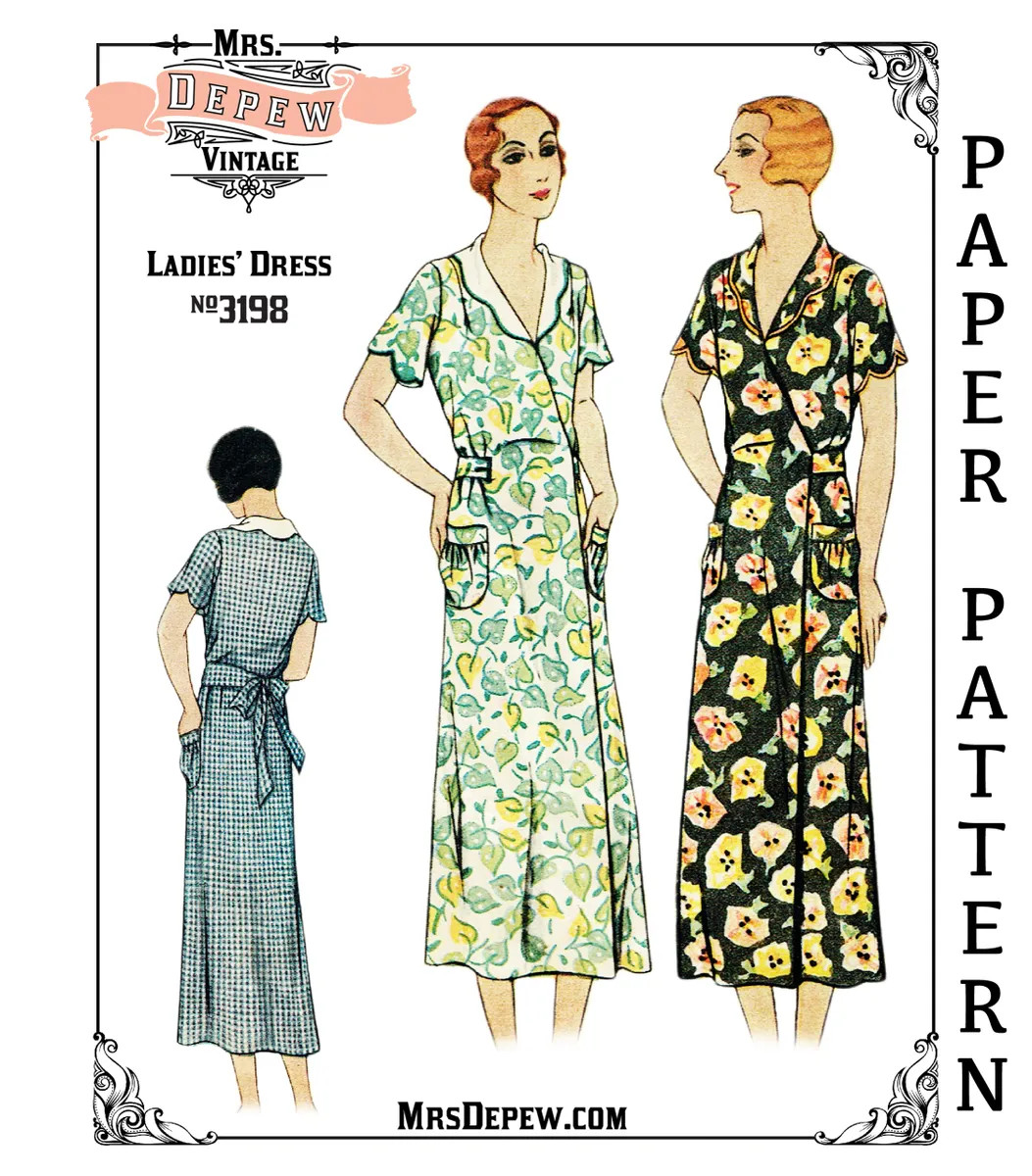 1920s 1930s Vintage Sewing Pattern Wrap-Front Hooverette House Dress 32-50″ Bust