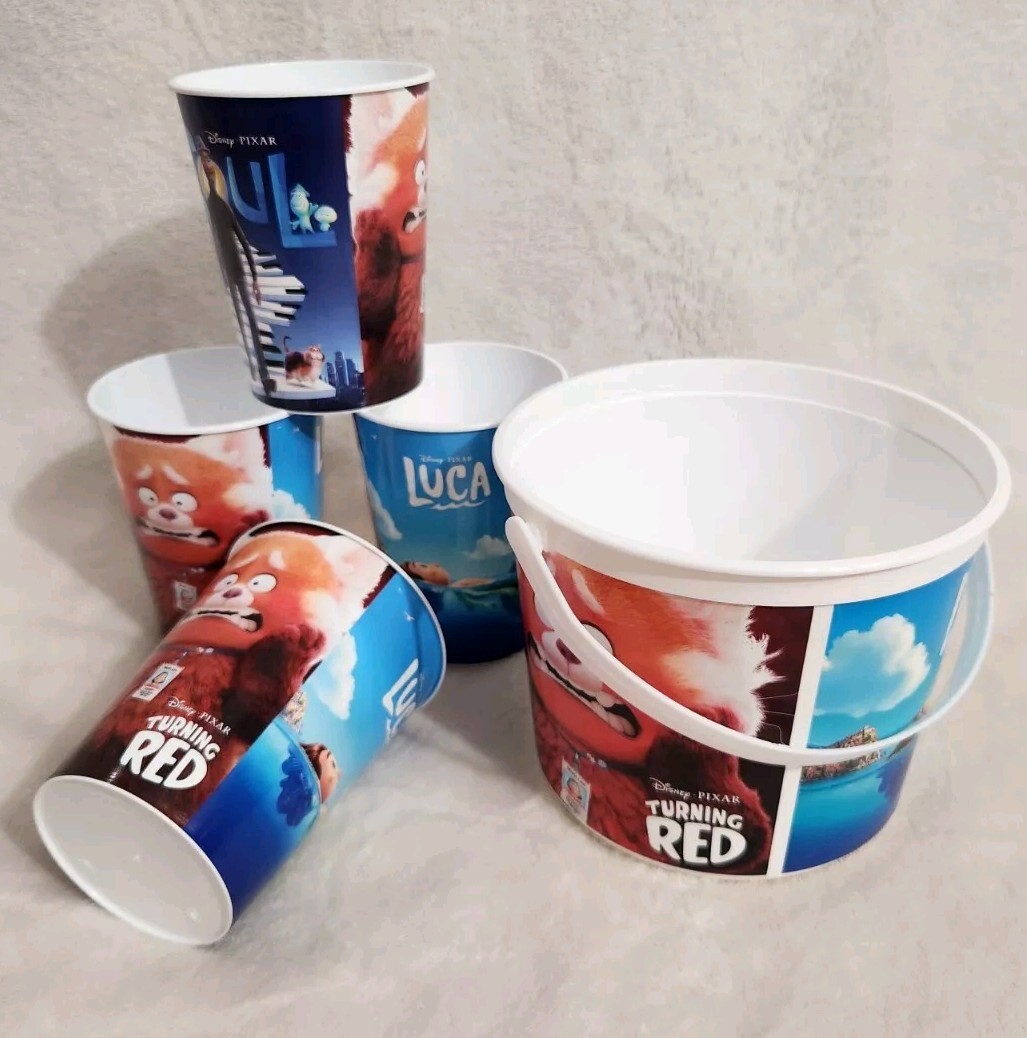 AMC EXCLUSIVE DISNEY PIXAR POPCORN BUCKET & CUPS SOUL LUCA TURNING RED KIDS CUPS