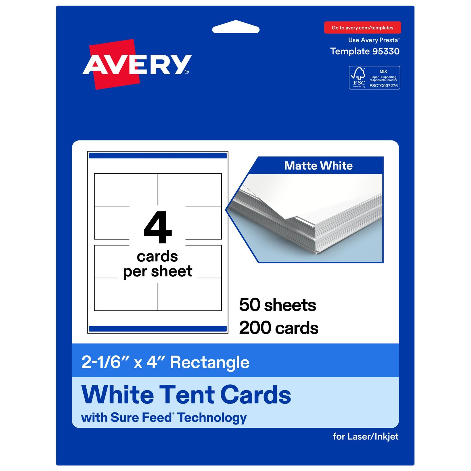 Avery Printable Rectangle Tent Cards Sure Feed Technology 2-1/6 X 4 Matte White