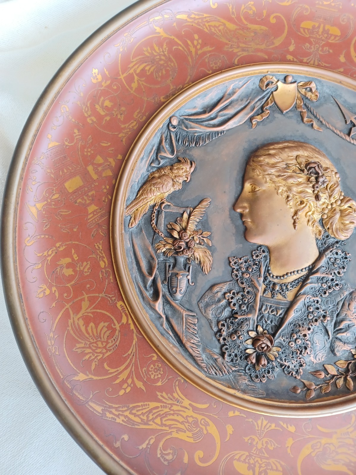 ANTIQUE VICTORIAN 19th C LADY PARROT FLORAL RELIEF PORTRAIT SIGNED BRONZE PLAQUE