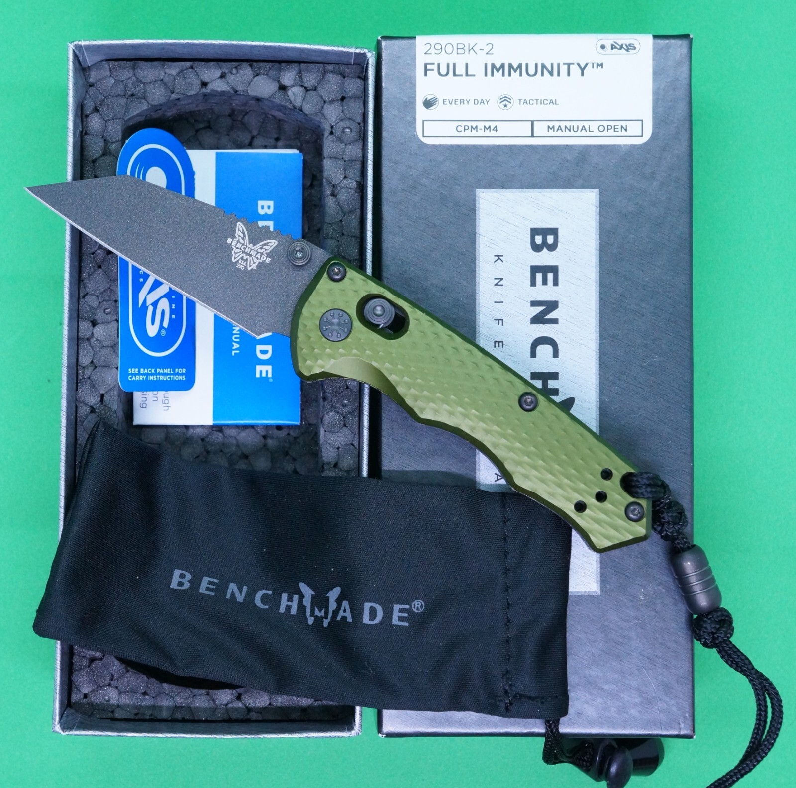 Benchmade 290BK-2 Full Immunity CPM-M4 Carbon Steel Woodland Green Axis Lock USA