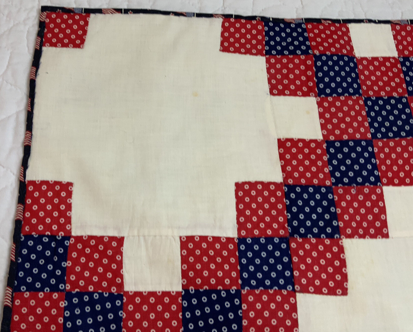 Vintage Patchwork Quilt Table Topper, Nine Patch, Polka Dots, Navy Blue & Red