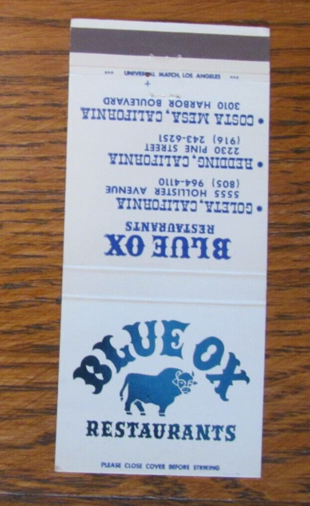 FICTIONAL CHARACTER MATCHBOOK COVER: BLUE OX GOLETA REDDING & COSTA MESA, CA -B4