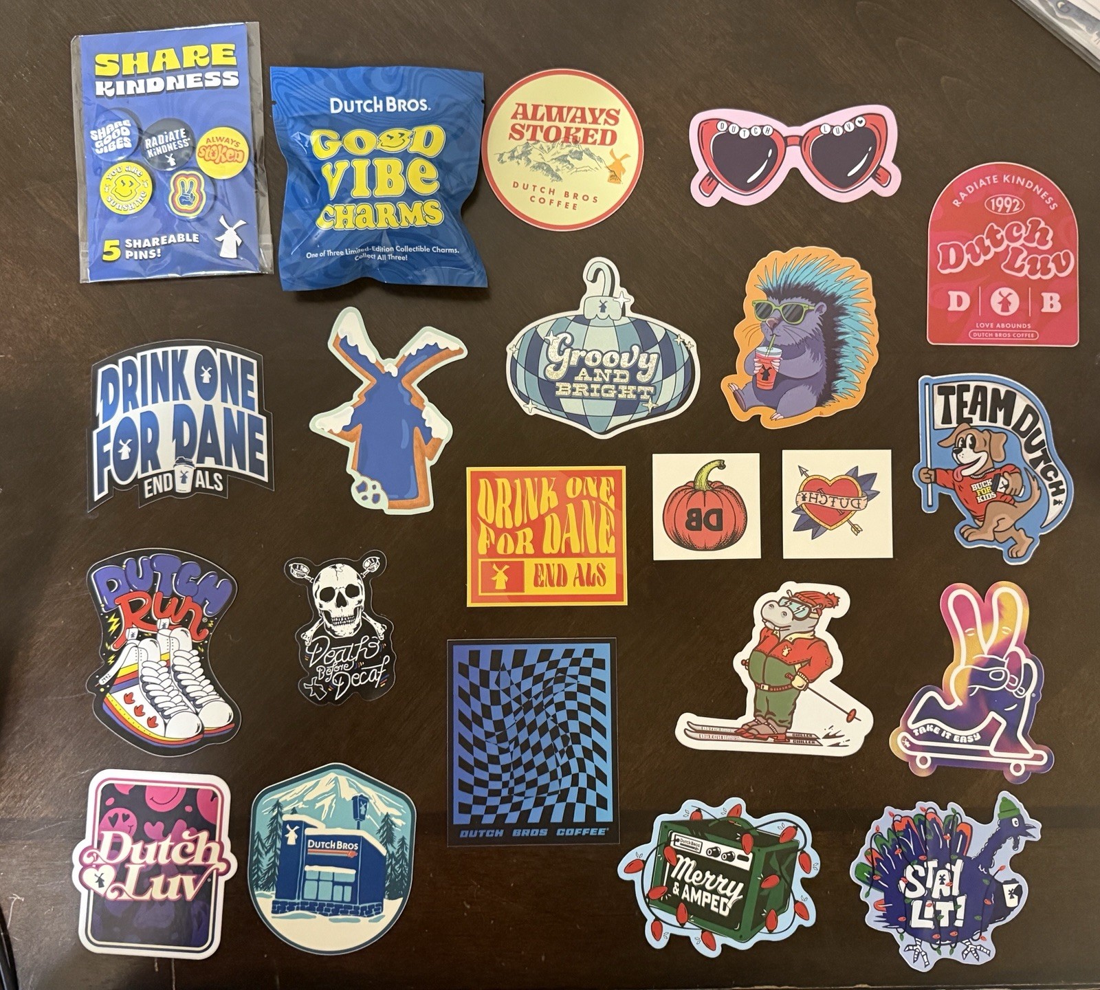 Dutch Bros Sticker Merch Lot – Mystery Charm Pins Stickers Tattoos 22 Items