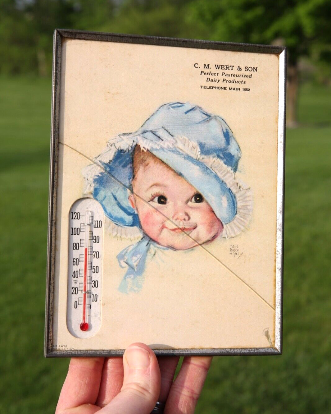 Vintage Dairy Farm Advertising Thermometer Metal Frame Photo Baby Sign eggs Milk