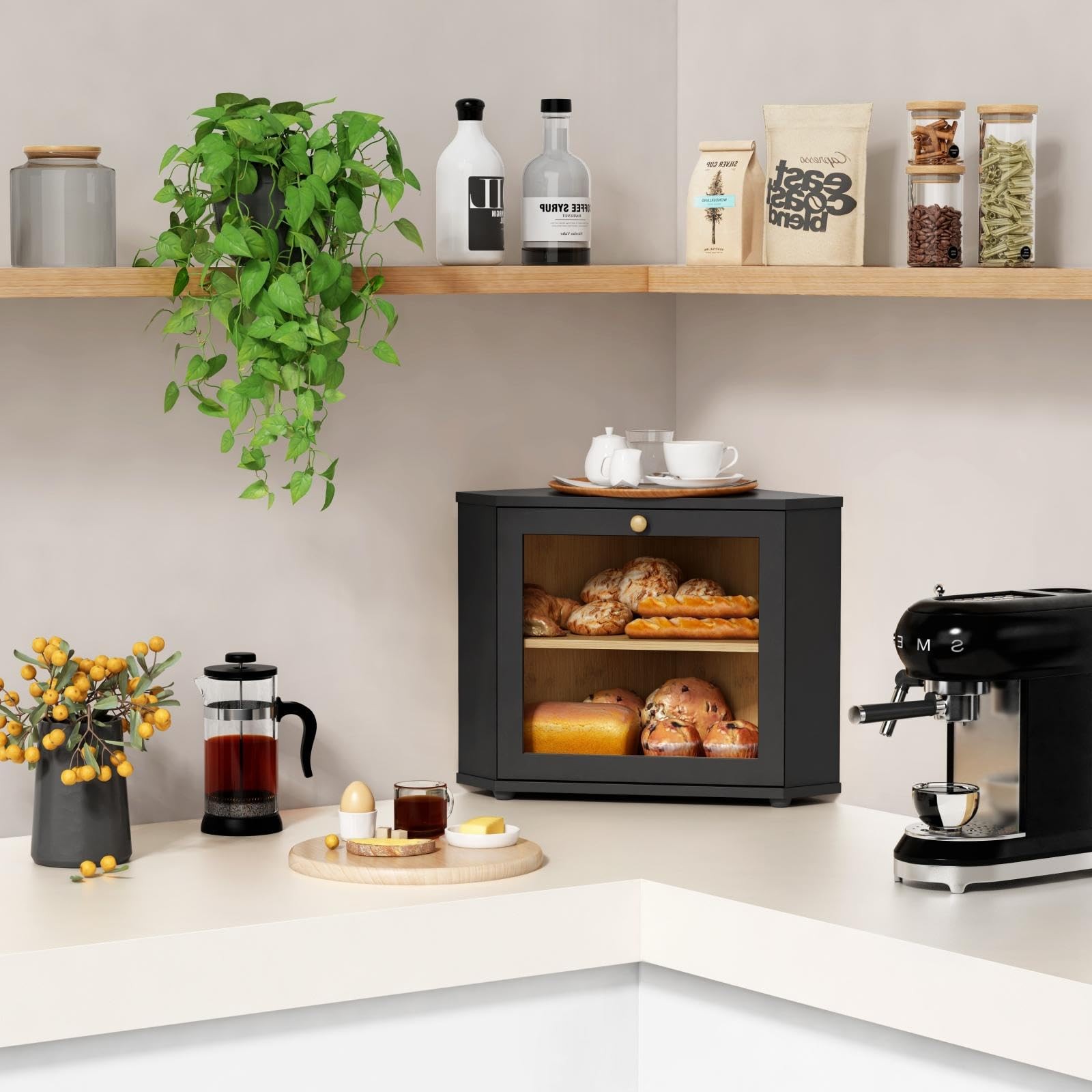 Corner Bread Box for Kitchen Countertop, Black Bread Storage Container for Ho…