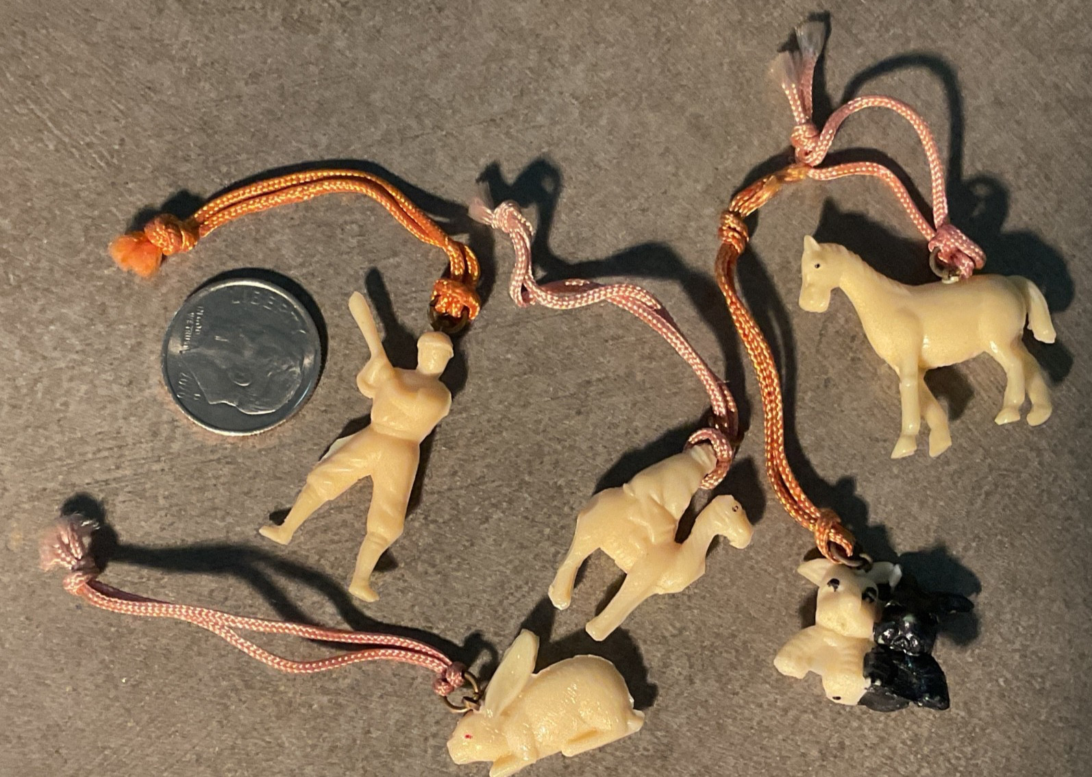 VTG Lot of 5 Celluloid Cracker Jack Toy Charm Premium! bunny-horse-athelete-dog