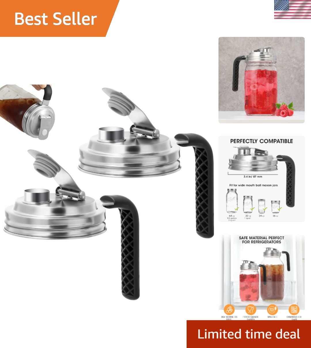 Set of 2 Stainless Steel Wide Mouth Pour Spout Lids for Mason Jars – Flip Top