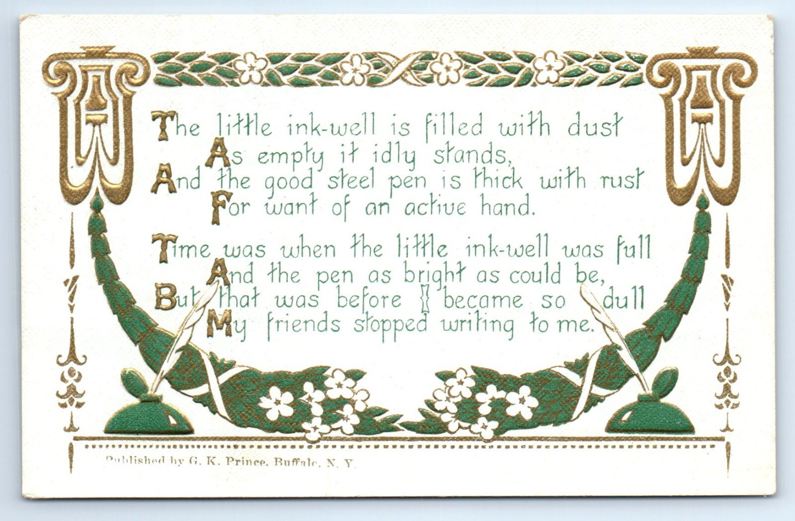 Little Ink-Well Green Gold Gilt G.K. Prince Embossed Postcard c.1910 Unposted