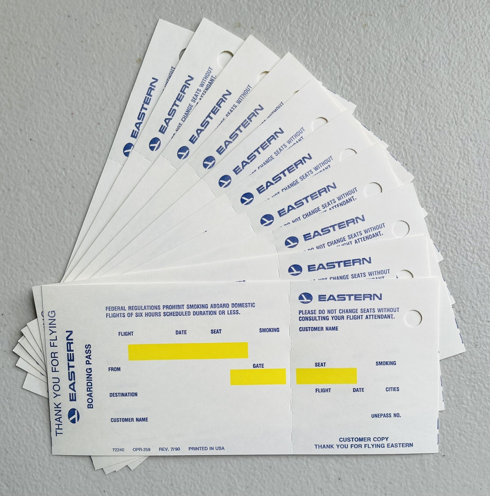 Eastern Airlines Boarding Pass Stock – Lot of 10 – New / Unused