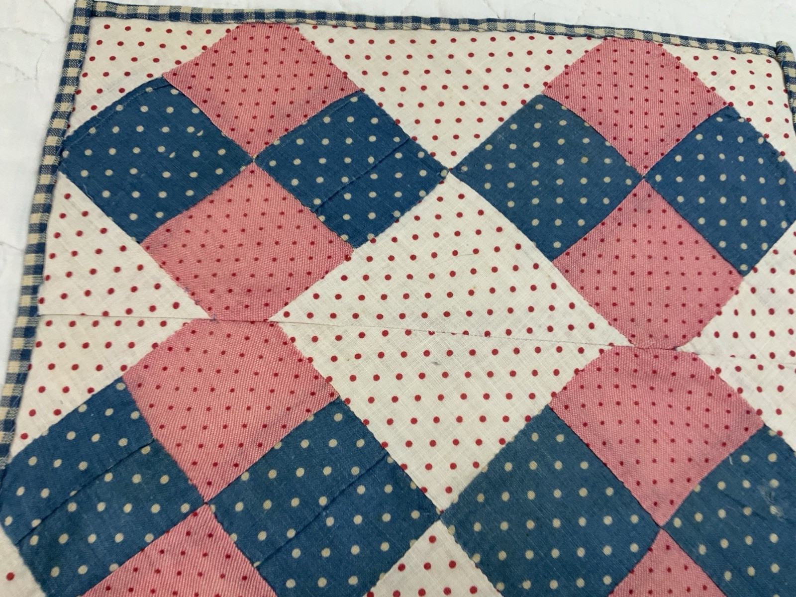 Vintage/Antique Patchwork Quilt Table Topper, Four Patch, Pink, Blue, Dots