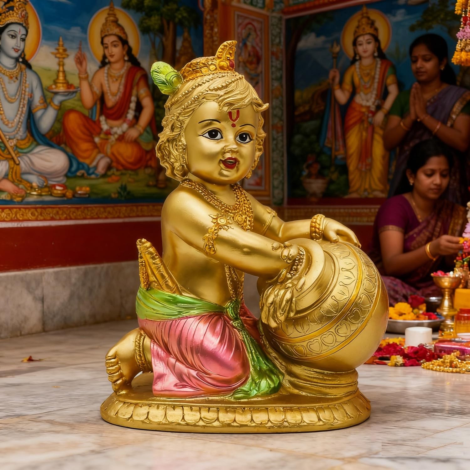 alikiki Hindu God Baby Krishna Statue – 7.5”H 5.5″L X 3.9″W X 7.5″H, Gold