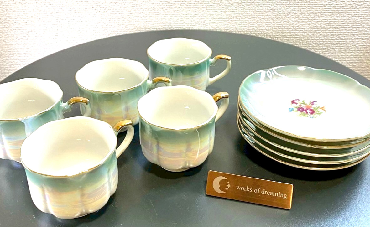 Set of 5 Cup Saucer Rose Lusterware Tea Floral Iridescent Pearl processing 90s
