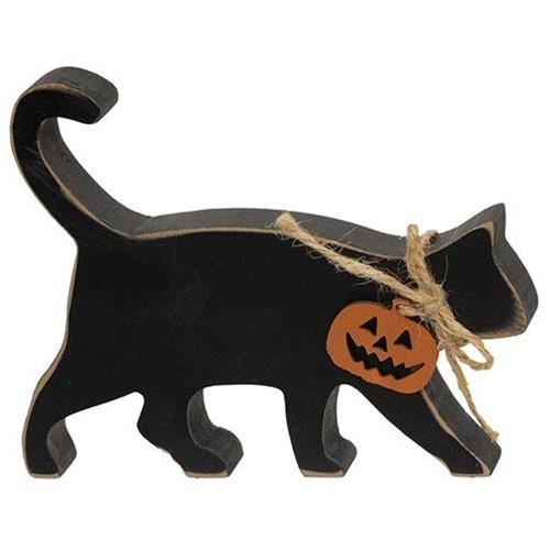 NEW Primitive Halloween CAT BLACK JACK-O-LANTERN WOOD Fall Shelf Sitter 4.5″x6″