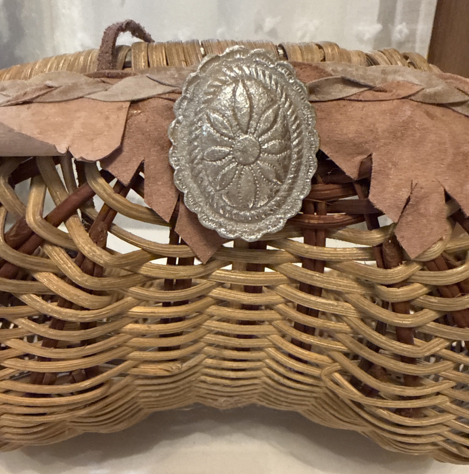 Handwoven Buttocks Basket Wicker Leather Feather Concho Rustic Southwest Decor