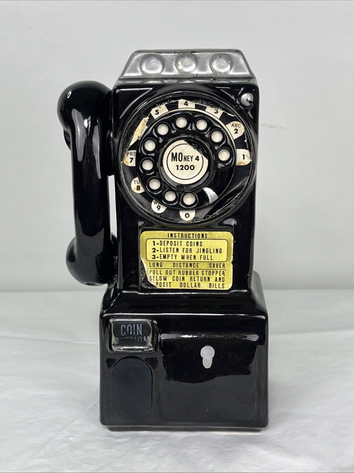 Vintage Black Rotary Pay Telephone Ceramic Coin Bank/Wall Pocket-10 inches tall