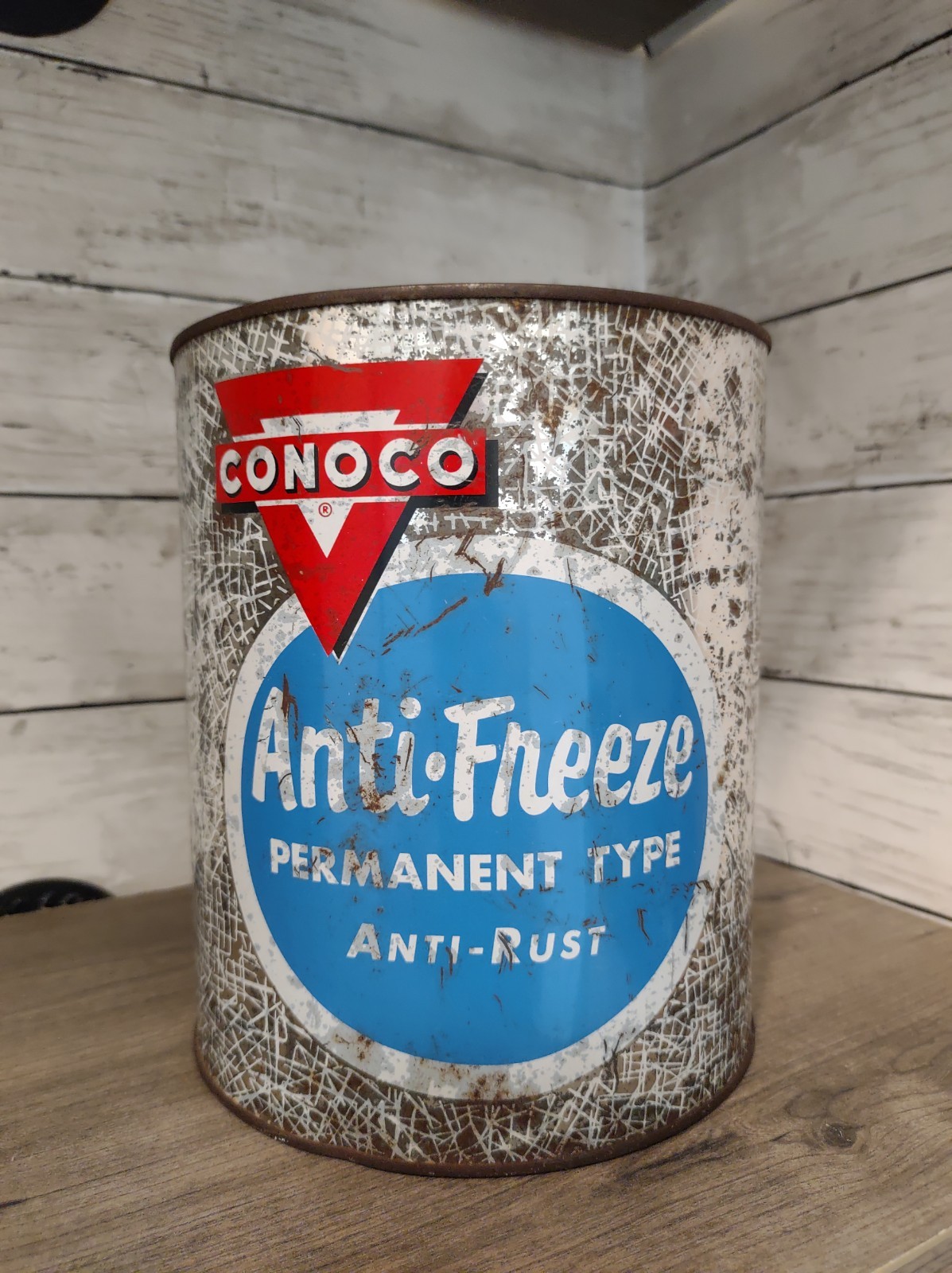 Vintage 1 Gallon Anti Freeze Metal Oil Can Conoco Advertising Large Graphic