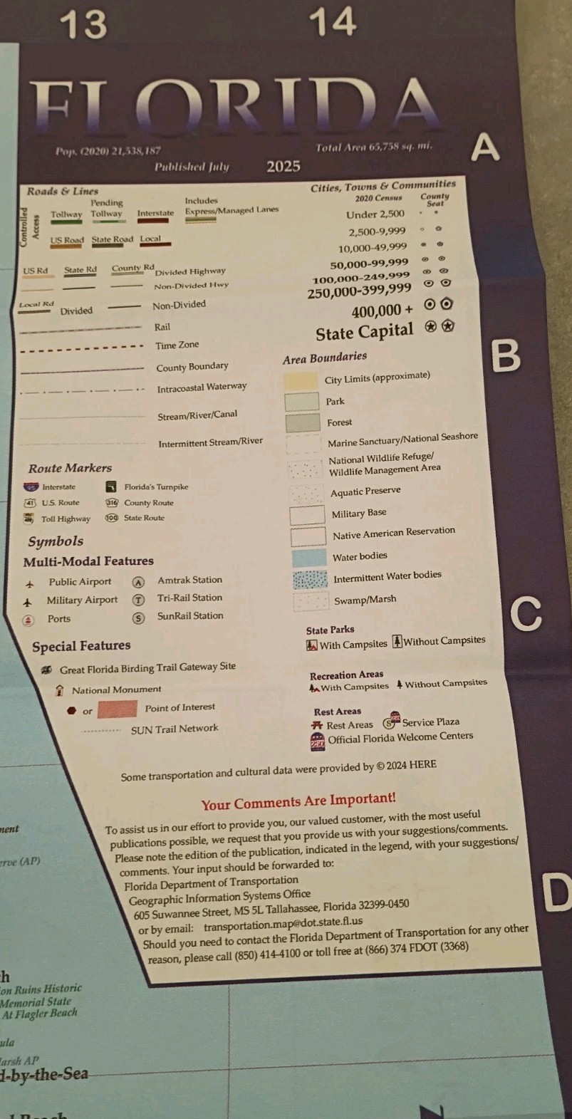 2026 Florida Highway Map, America 250 Florida, Free State Map Foldout Paper New