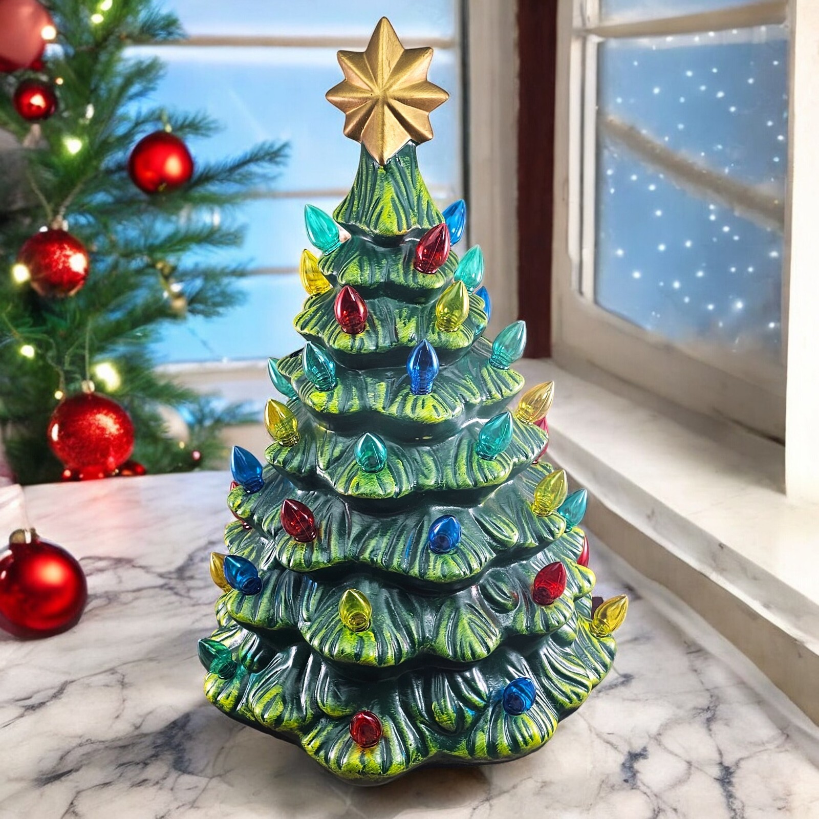 VTG Ceramic Lighted Christmas Tree Corded Multicolor with Gold Star 18 in READ