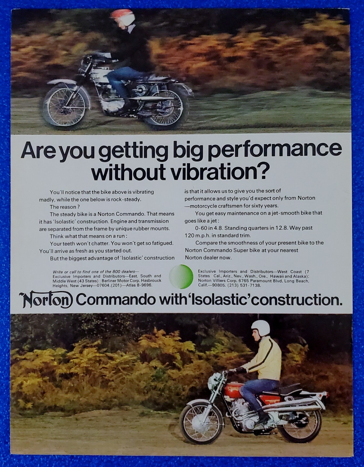 1970 NORTON COMMANDO MOTORCYCLE ORIGINAL PRINT AD WITH ISOLASTIC CONSTRUCTION