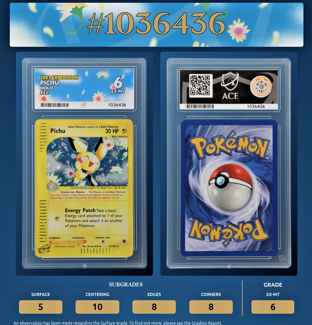 Pokemon TCG Pichu Holo 22/165 Expedition Base Set 2002 – Graded Ace 6 EX-MT