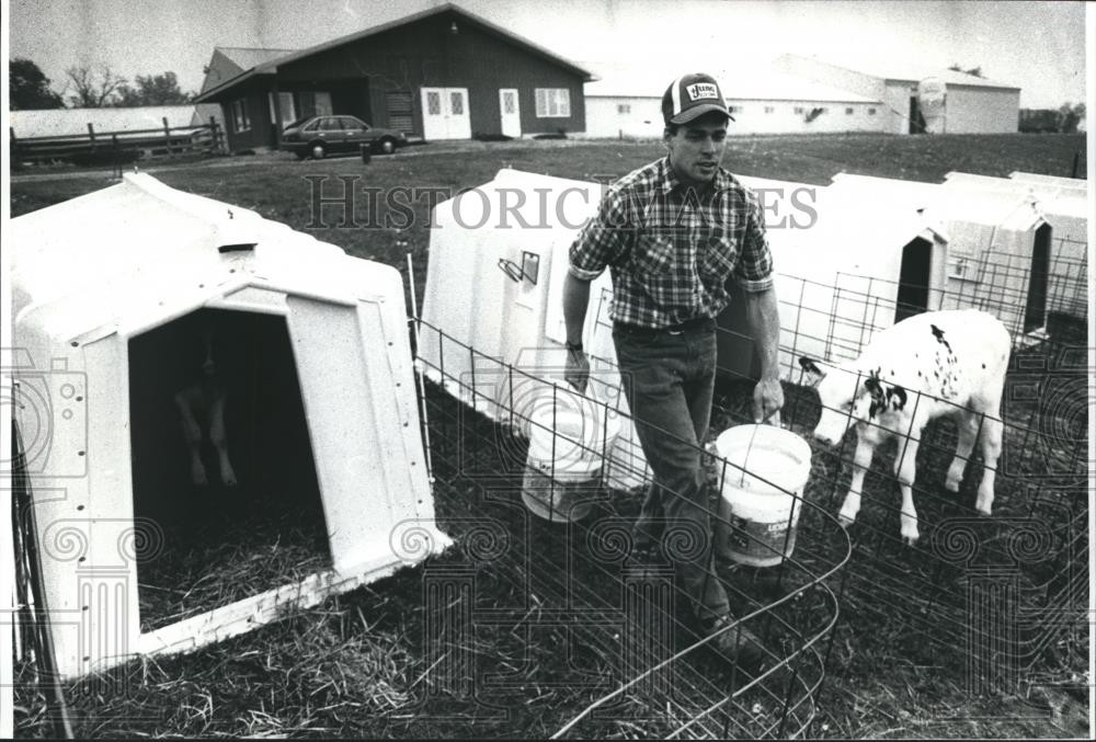 1990 Press Photo John Walker Delivers Milk to Calves on the Walker Dairy Farm