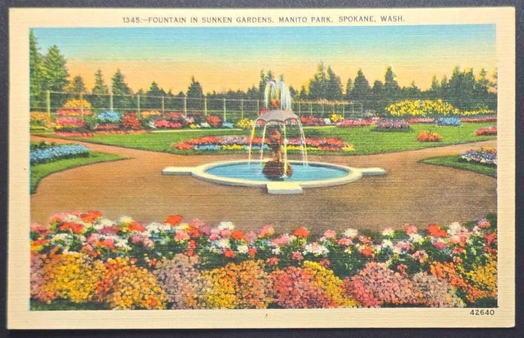 Vintage Linen Postcard – Manito Park Sunken Gardens Fountain, Spokane